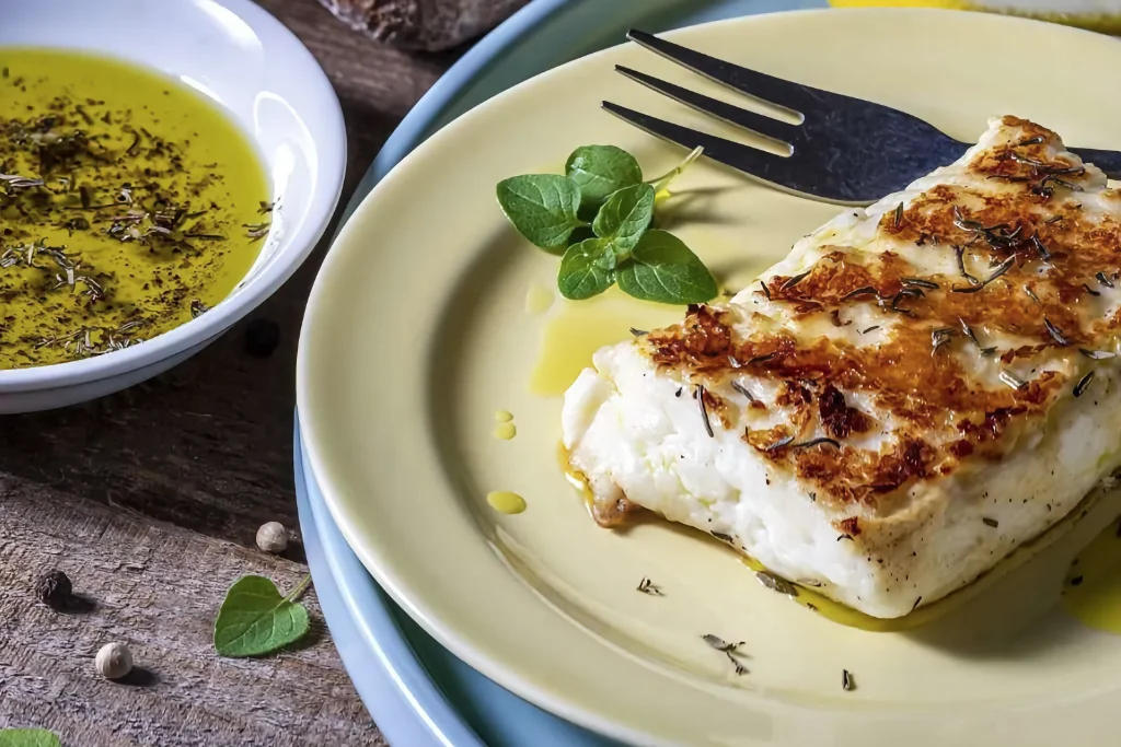 Golden-brown grilled Halloumi cheese on a yellow plate with olive oil and herbs, a Cypriot culinary specialty.