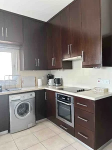 Fully-equipped modern kitchen with dark wood cabinets, built-in appliances, and a washing machine in an Ayia Napa apartment.