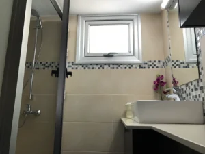 Modern bathroom with beige tiles, mosaic accents, and orchid decoration in Ayia Napa, Cyprus, reflecting elegant simplicity.