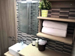 Stylish bathroom interior with striped wall tiles, modern basin, wooden shelves with towels, and green plant decor in Ayia Napa apartment.