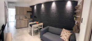 Open-plan kitchen and dining area with modern amenities, black textured wall, and cozy gray couch in a stylish apartment in Ayia Napa, Cyprus.