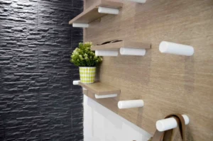 Close-up of a modern textured black stone accent wall with unique wooden shelves and decorative green plant in a stylish Ayia Napa apartment.