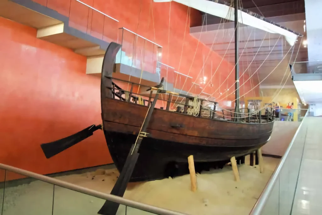 Replica of an ancient wooden ship displayed at the Thalassa Municipal Museum in Ayia Napa, illustrating Cyprus's maritime history.